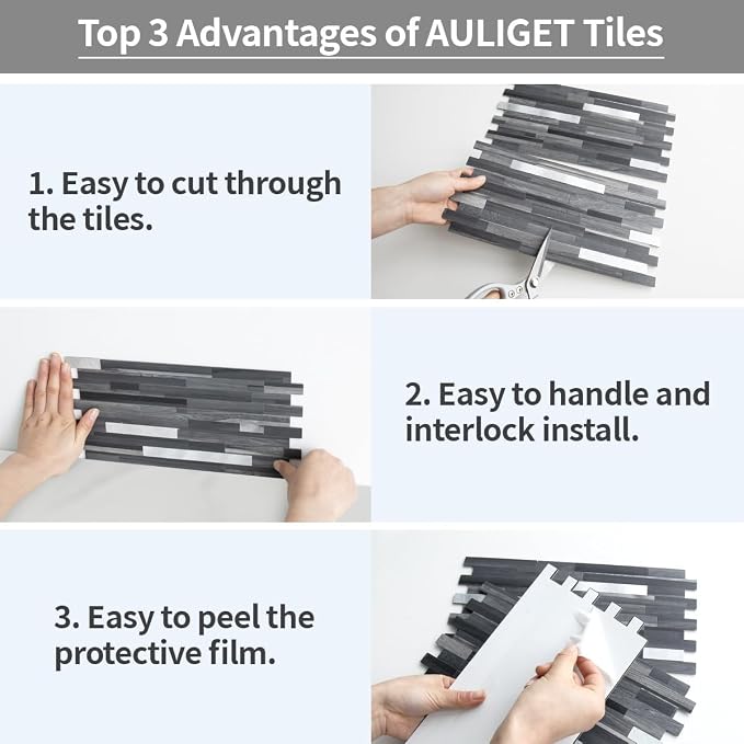 AULIGET 20 Sheets Peel and Stick Backsplash, Black & Grey Wood Look PVC Mixed Metal Stick on Backsplash Tiles for Kitchen