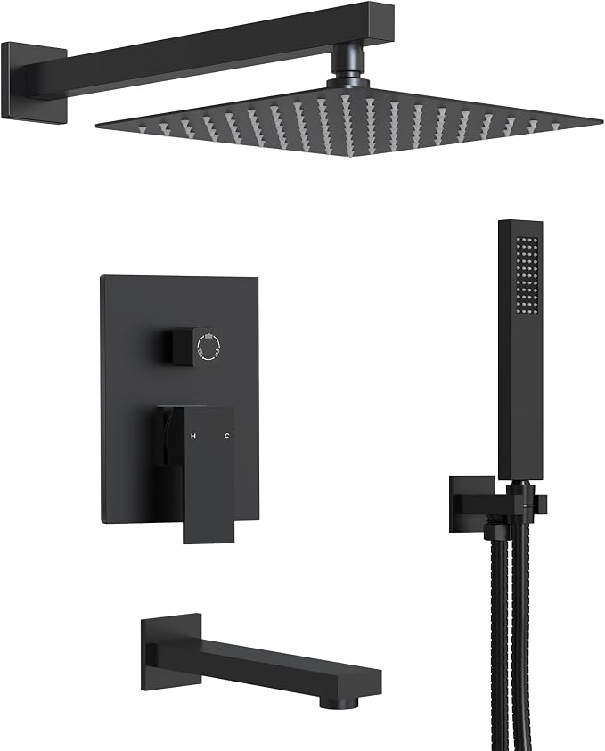 Shower Tub Faucet Set, 10" Bathroom Rainfall Shower Head Fixtures Combo with Handheld Spray and Tub Spout, Matte Black (Valve Included)