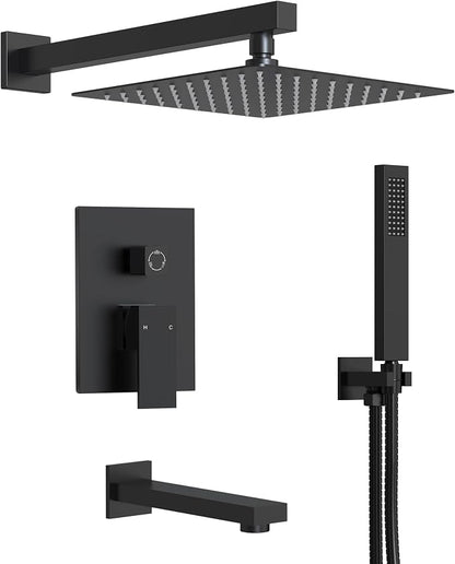 Shower Tub Faucet Set, 10" Bathroom Rainfall Shower Head Fixtures Combo with Handheld Spray and Tub Spout, Matte Black (Valve Included)