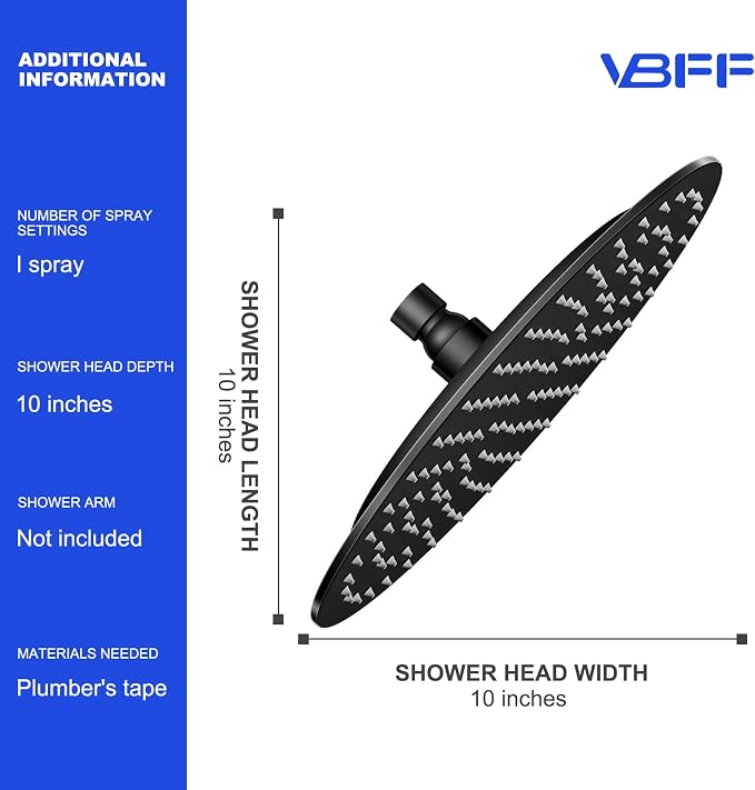 VBFF-Shower Head,rain shower head, 10 inch- Round Shower Head, 1.8 GPM Flow Rate, rainfall showerhead,VBFF12 (Matte Black)