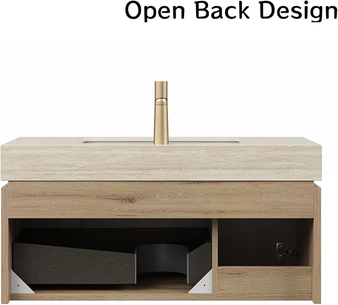 36" Bathroom Vanity with Sink, Wall-Mounted Plywood Bathroom Storage Cabinet with Ceramic Basin & Sintered Stone Countertop, Modern Pre-Assembled Floating Vanity with Drawer & Door, Oak