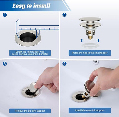 Hibbent 2 Pack All Metal Upgraded Bathroom Sink Stopper, Universal Pop Up Sink Drain Strainer, Brass Bullet Core Push Type Stopper for 1.1''~2.3''' Basin, Anti Clogging Drain Filter, Brushed Nickel