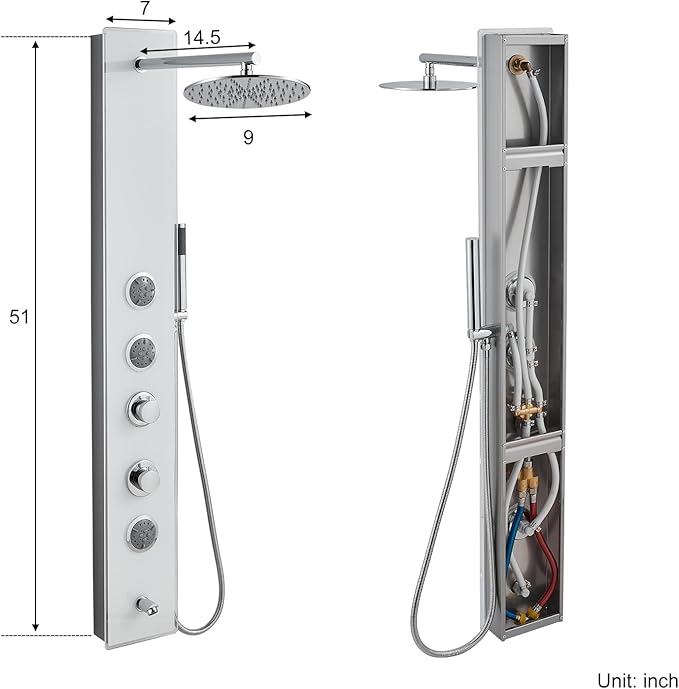 MENATT White Glass Shower Panel Tower System, 304 Stainless Steel and Glass 4 in 1 Shower Tower System with 9-inch Shower Head, 3 Body Massage Jets, Handheld Shower and Tub Spout