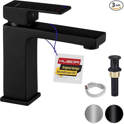 Single Hole Bathroom Faucet, 1-Handle Bathroom Sink Faucet with Pop-Up Drain, Stainless Steel Matte Black for Modern Bath/Vanity