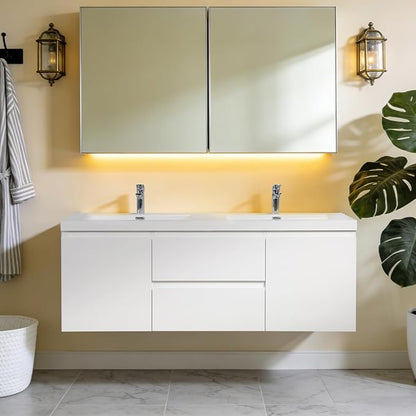 60 Inch Floating Bathroom Vanity with Sink,Glossy White | Storage Cabinet Wall Mounted Cabinet, Double Solid Surface Basin, 4 Soft Close Drawers, Fully Assembled
