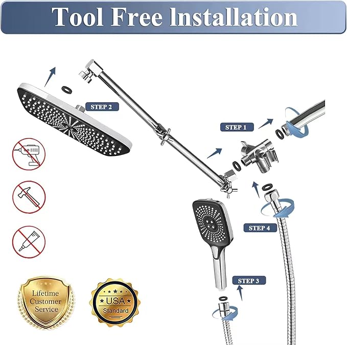 Shower Head with Handheld, 12 Inch Dual Shower Head with Extention Arm, High Pressure Rain Shower Heads, Rainfall Waterfall Showerhead with 3-Way Diverter - Height/Angle Adjustable(Chrome)
