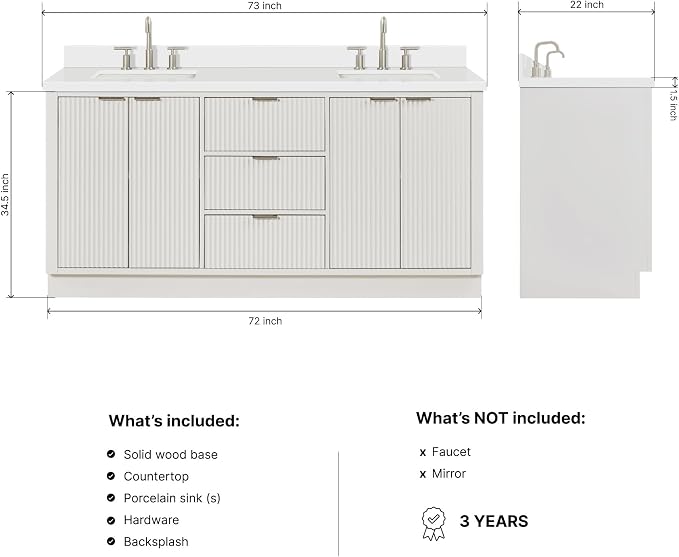 ARIEL Milan 72-inch Bathroom Vanity with Sink,Solid Wood, 1.5-inch Pure White Quartz Countertop & Backsplash, Double Rectangular Porcelain Sink, 4 Soft Closing Doors, 3 Dovetail Drawers, Warm White