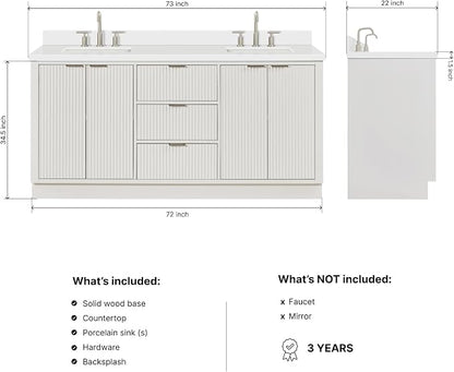 ARIEL Milan 72-inch Bathroom Vanity with Sink,Solid Wood, 1.5-inch Pure White Quartz Countertop & Backsplash, Double Rectangular Porcelain Sink, 4 Soft Closing Doors, 3 Dovetail Drawers, Warm White