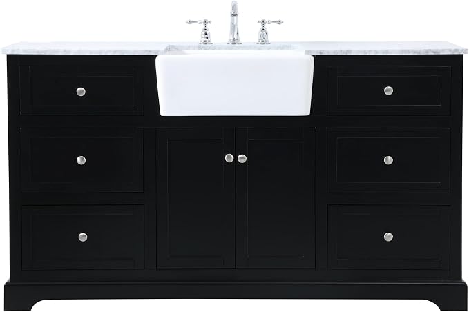 60" Pre-Assembled Bathroom Vanity with Sink, Solid Birch and MDF, Carrara White Marble Countertop Attached, Single Rectangle Porcelain Sink, 6 Soft-Close Drawers, Black