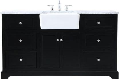60" Pre-Assembled Bathroom Vanity with Sink, Solid Birch and MDF, Carrara White Marble Countertop Attached, Single Rectangle Porcelain Sink, 6 Soft-Close Drawers, Black