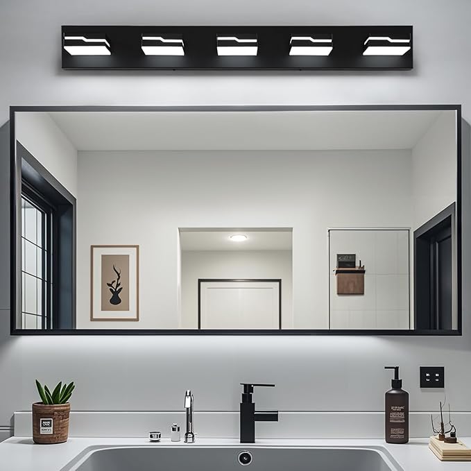 LED Modern Bathroom Vanity Light Fixtures 5-Light, 32 inch Dimmable Matte Black Vanity Lights for Bathroom Lighting Fixtures Over Mirror, with 350°Rotatable Acrylic Heads(White Light 5500K)