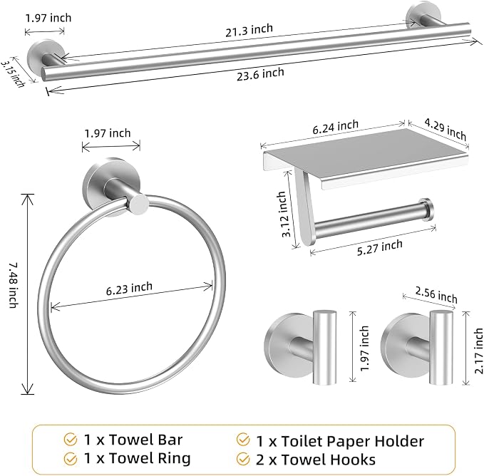 Brushed Nickel 5-Piece Bathroom Hardware Set, 23.6 Inch Towel Bar Set SUS304 Stainless Steel Towel Racks Round Towel Bar, Towel Ring, Toilet Paper Holder, 2 Robe Hooks, Wall Mounted