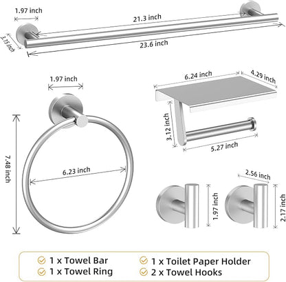 Brushed Nickel 5-Piece Bathroom Hardware Set, 23.6 Inch Towel Bar Set SUS304 Stainless Steel Towel Racks Round Towel Bar, Towel Ring, Toilet Paper Holder, 2 Robe Hooks, Wall Mounted
