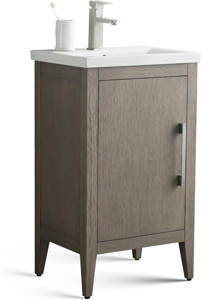 Vanity Art 20 inch Bathroom Vanity with Single Sink & Ceramic Top, Vanity Cabinet with Soft-Closing Doors, Solid Wood Frame, Driftwood Gray, VA9020-DG-BN1