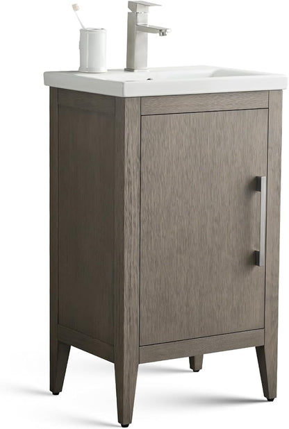 Vanity Art 20 inch Bathroom Vanity with Single Sink & Ceramic Top, Vanity Cabinet with Soft-Closing Doors, Solid Wood Frame, Driftwood Gray, VA9020-DG-BN1