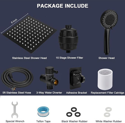 NearMoon Filtered Rain Shower Head, High Pressure 8″Square, and 5 settings Handheld Shower Filter Combo with Self-adhesive Holder/1.5M Hose -1 Replaceable Filter Cartridge (Matte Black)