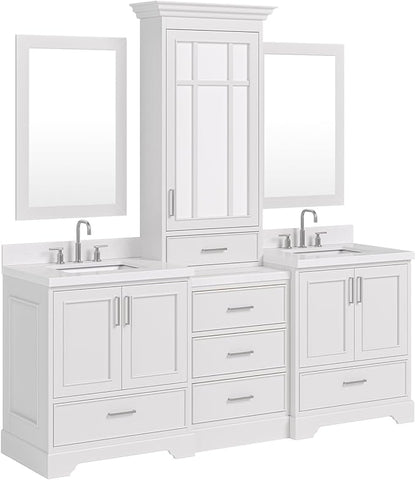 ARIEL Stafford 84-inch Bathroom Vanity with Sink,Solid Wood, 1.5-inch Carrara White Quartz Countertop & Backsplash, Double Rectangular Porcelain Sink, 5 Soft Closing Doors, 6 Dovetail Drawers, Grey