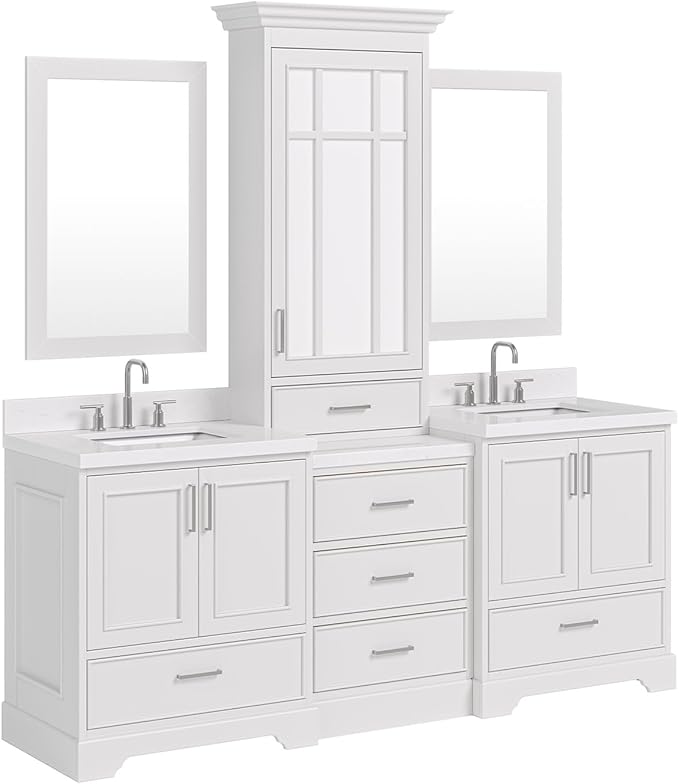 ARIEL Stafford 84-inch Bathroom Vanity with Sink,Solid Wood, 1.5-inch Carrara White Quartz Countertop, Double Rectangular Porcelain Sink, 5 Soft Closing Doors, 6 Dovetail Drawers, White