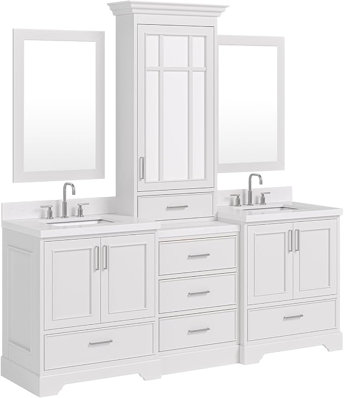 ARIEL Stafford 84-inch Bathroom Vanity with Sink,Solid Wood, 1.5-inch Carrara White Quartz Countertop, Double Rectangular Porcelain Sink, 5 Soft Closing Doors, 6 Dovetail Drawers, Espresso