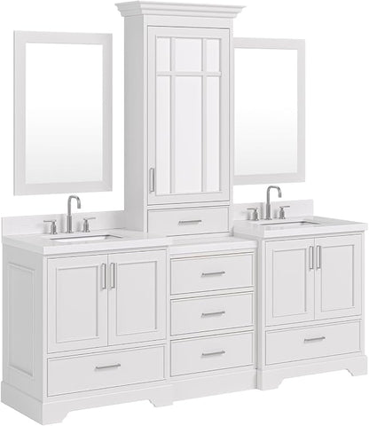 ARIEL Stafford 84-inch Bathroom Vanity with Sink,Solid Wood, 1.5-inch Carrara White Quartz Countertop, Double Rectangular Porcelain Sink, 5 Soft Closing Doors, 6 Dovetail Drawers, Espresso