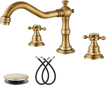 gotonovo 3 Hole 8’’ Widespread Bathroom Sink Faucet Antique Brass | Vintage Bathroom Faucet,2 Cross Handle,6-16’’ Sink,Vanity,Basin,RV,Farmhouse,SUS304,24’’ cUPC Hose Pop Up Drain,Deck Mount