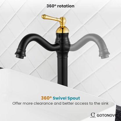 gotonovo Vessel Sink Faucet 360° Swivel Spout Single Handle Tall Bathroom Faucet 1 Hole Farmhouse Lavatory Washbasin Mixer Tap Matching Supply Hoses, with Pop Up Drain, Matte Black & Polish Gold