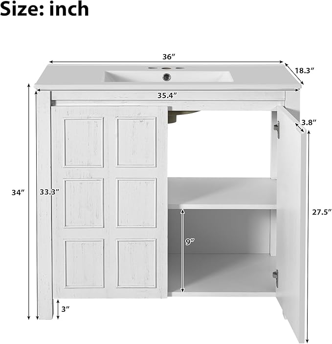 36" Bathroom Vanity,Farmhouse Vanity with Ceramic Sink, Set Bathroom Storage Cabinet, Antique White