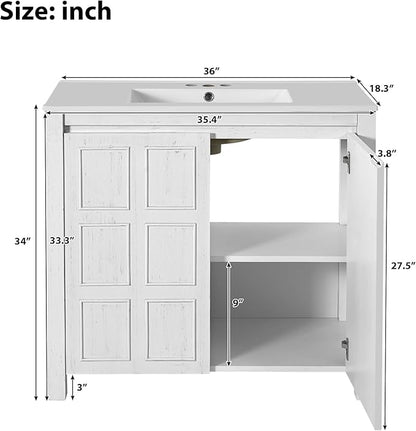 36" Bathroom Vanity,Farmhouse Vanity with Ceramic Sink, Set Bathroom Storage Cabinet, Antique White