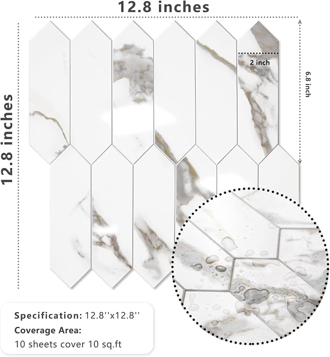 Vamos Tile Glossy White Marble with Gold Veining Backsplash Tile Peel and Stick, 12.8 x 12.8 Inch 10 Sheets Long Hexagon PVC Self Adhesive Mosaic Tiles Stick on Backsplash for Kitchen and Bathroom