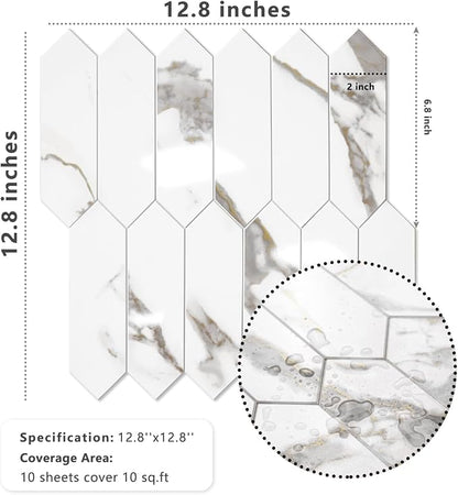 Vamos Tile Glossy White Marble with Gold Veining Backsplash Tile Peel and Stick, 12.8 x 12.8 Inch 10 Sheets Long Hexagon PVC Self Adhesive Mosaic Tiles Stick on Backsplash for Kitchen and Bathroom