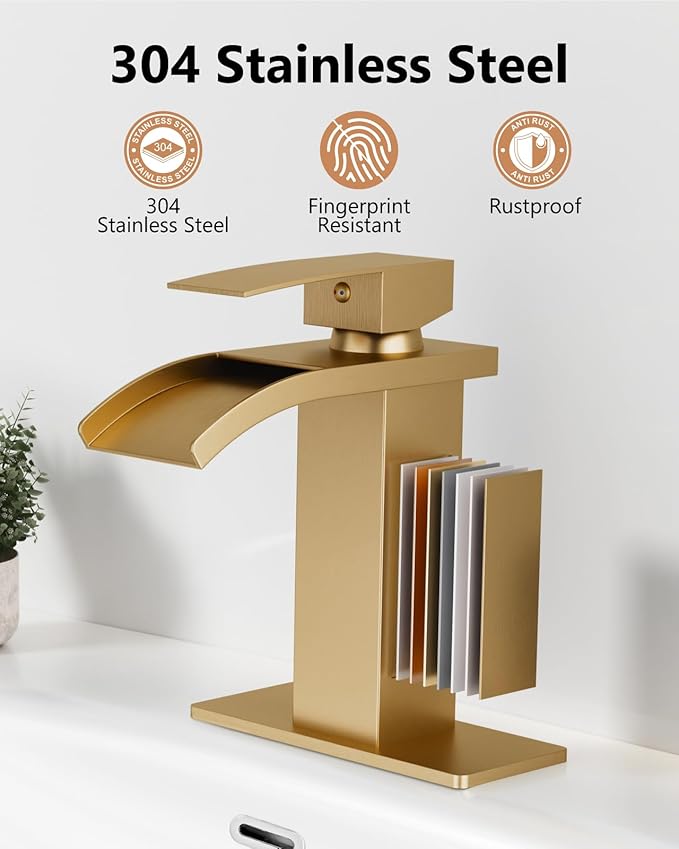 Waterfall Bathroom Faucet 1 Hole, Single Hole Bathroom Faucet, Single Handle Vanity Sink Faucet with Deck Plate, Pop-up Drain & Supply Lines, Gold