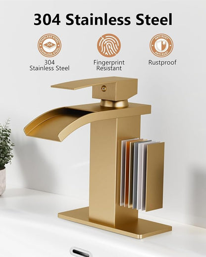 Waterfall Bathroom Faucet 1 Hole, Single Hole Bathroom Faucet, Single Handle Vanity Sink Faucet with Deck Plate, Pop-up Drain & Supply Lines, Gold