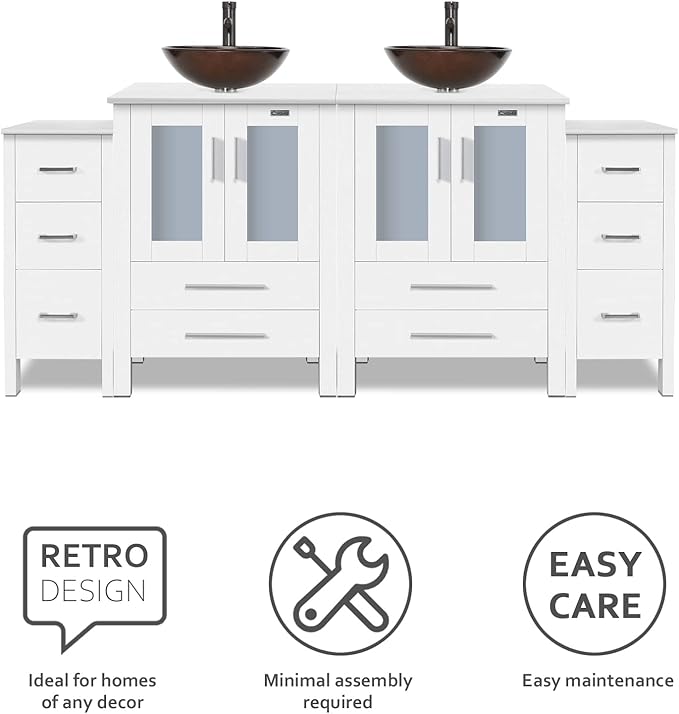 eclife 72" Modern Bathroom Vanity Sink Combo Freestanding Cabinet with Small Side Cabinet, Brown Round Glass Vessel Sink, Water Save Faucet, Drain (White+A09)