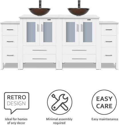 eclife 72" Modern Bathroom Vanity Sink Combo Freestanding Cabinet with Small Side Cabinet, Brown Round Glass Vessel Sink, Water Save Faucet, Drain (White+A09)