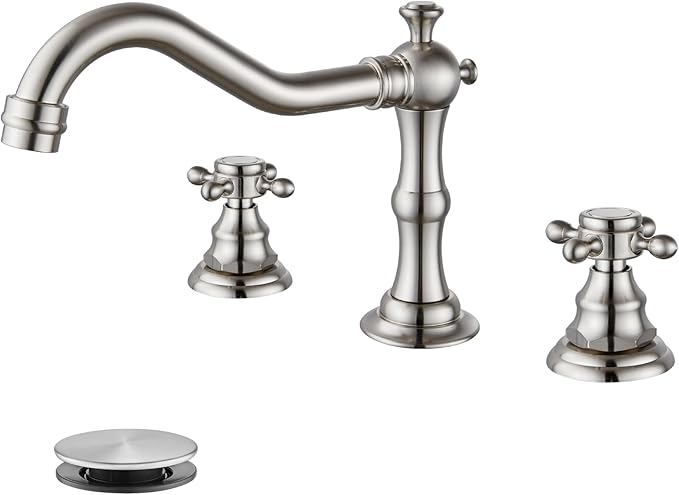 gotonovo 3 Hole Widespread Bathroom Sink Faucet Double Cross Handle Mixer Tap Faucet for Bathroom Sink Vanity Faucet Deck Mount Basin Hot Cold Water Matching Pop Up Drain Brushed Nickel
