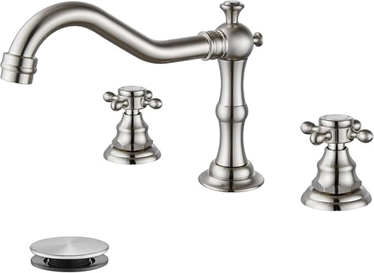 gotonovo 3 Hole Widespread Bathroom Sink Faucet Double Cross Handle Mixer Tap Faucet for Bathroom Sink Vanity Faucet Deck Mount Basin Hot Cold Water Matching Pop Up Drain Brushed Nickel
