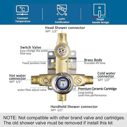 Shower Faucet Set Brushed Nickel 6 Inch Thickened Shower Head and Handle Set Shower System Wall Mounted Shower Fixture Include Shower Valve and Trim Kit