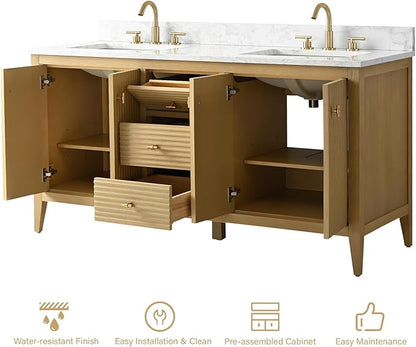 HOMEBEYOND 60" Bathroom Vanity with Double Sink, Solid Wood Bathroom Vanity Free-Standing Cabinet, Ceramic Top & Soft Closing Door, Golden Brushed Handware, Natural Oak