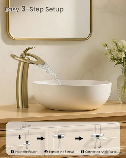 Tall Brushed Gold Waterfall Unique Bathroom Faucets, Single Lever 1 Hole Vessel Sink Faucets for Bathroom Vanity, Hot Cold Mixer Tap with Supply Hoses and Pop up Drain, llaves para lavamanos de baño