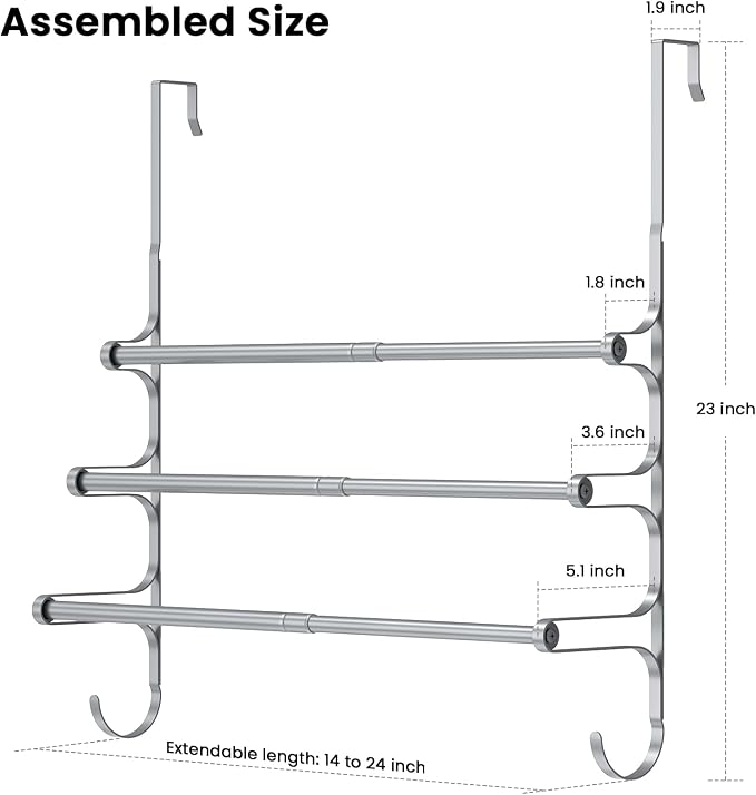 CANYAVE Over The Door Towel Rack, Extendable Triple Towel Storage Holder with Hooks, 24.02 Inches Towel Bar Hanger Towel Racks for Bathroom (Silver)