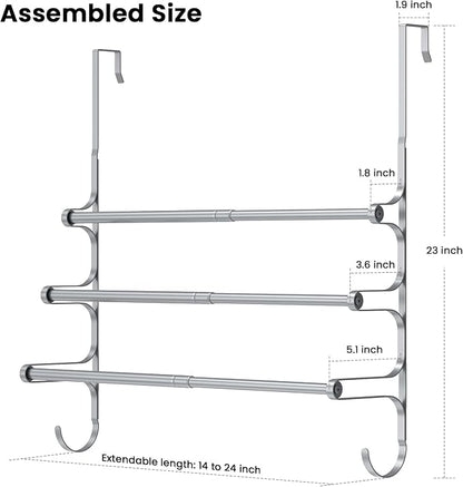 CANYAVE Over The Door Towel Rack, Extendable Triple Towel Storage Holder with Hooks, 24.02 Inches Towel Bar Hanger Towel Racks for Bathroom (Silver)