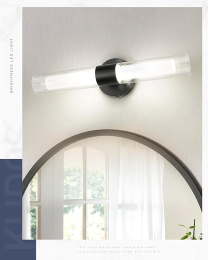 kudos Black LED Vanity Light, Clear and Frosted Glass, 3CCT, KDVL06-BK-2 | 11W,1100 Lumens, 3000K, 4500K and 6000K Selectable, Hardwired, for Bathroom, Bedroom and Over Mirror