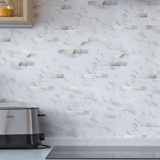 Art3d Faux Stone Peel & Stick Backsplash Tile, 10 pcs, Plain White Marble | PVC, Multi-Style Decor Sheets, Waterproof, Traceless Peel, No Wall Damage, Ideal for Kitchen