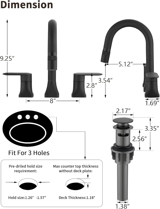 Bathroom Faucet 3 Hole with Pull Out Sprayer, 8 Inch Widespread Bathroom Faucet, Magnetic Pull Out Faucet for Easy to Use, Matte Black (with Pop-up Drain)