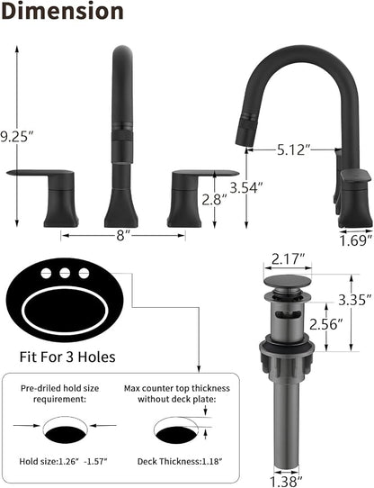 Bathroom Faucet 3 Hole with Pull Out Sprayer, 8 Inch Widespread Bathroom Faucet, Magnetic Pull Out Faucet for Easy to Use, Matte Black (with Pop-up Drain)