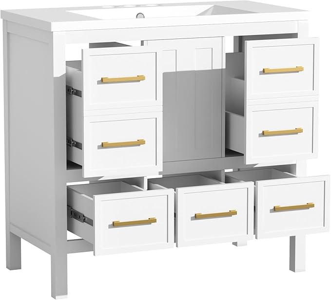 Merax 30 72 Inch White Bathroom Vanity with Double Sink,Modern Double Sink Vanity with 10 Drawers & 2 Spacious Cabinets,Soft Closing Doors with Gold Handles,Solid Wood Frame,Grid Front(2 * 36 Inch)