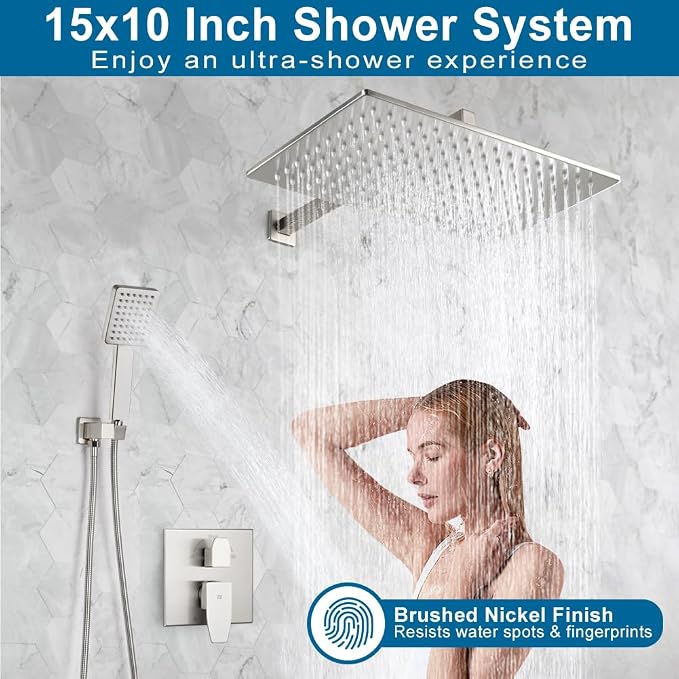Shower Faucet Set Brushed Nickel Rainfall 15 Inch Thickened Shower Head and Handle Set Bathroom Shower System Wall Mounted Shower Fixture Include Shower Valve and Trim Kit
