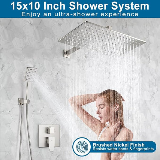 Shower Faucet Set Brushed Nickel Rainfall 15 Inch Thickened Shower Head and Handle Set Bathroom Shower System Wall Mounted Shower Fixture Include Shower Valve and Trim Kit