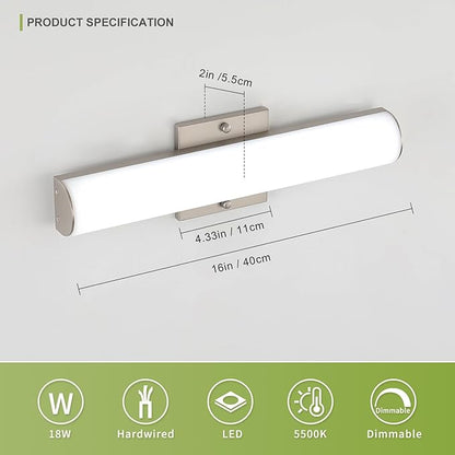 15.74" Modern Brushed Nickel Vanity Light Bar - 18W Dimmable LED Bathroom Lighting Fixtures Over Mirror, Wall Mount Bath Lights