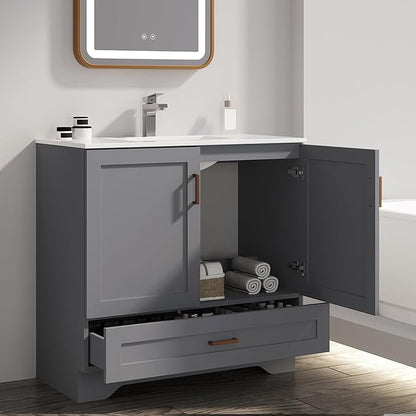 36 inch Bathroom Vanity with Sink, Modern Grey Vanity for Bathroom with Undermount Ceramic Sink, Freestanding 2-Door & 1-Drawer Storage Cabinet, for Small Bathroom Space, (Grey, 36")